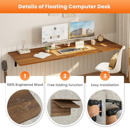IAE Wall Mount Folding Desk,Floating Computer Desk for Small Spaces,Walnut | 60x22in engineered wood desktop with metal brackets, folds flat to save space in home office, apartment and laundry room - color: Walnut, size: 60"*22"