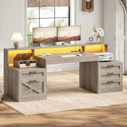 SEDETA 63" Executive Office Desk with 5 Drawers, Grey | Farmhouse Computer Desk with LED Lights & Monitor Stand, Wood Home Office Desk with 2 Printer Stand & Power Outlet - color: Grey, size: Executive Office Desk(63")