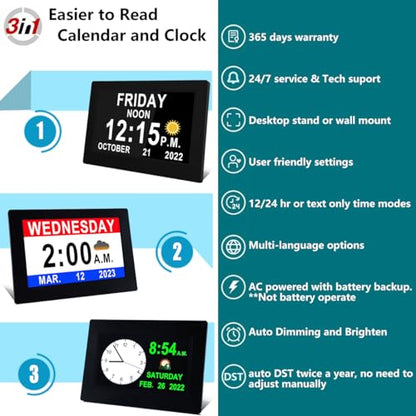 Upgraded 11.5" Large Clock with Voice Talking Date and Time, 27 Alarms Custom Reminders, Sleep Trainer, Large Number, Auto DST, 10 Levels Night Dimmer, Digital Calendar Clock for Elderly, with Remote - color: 11.5" Hd -Black
