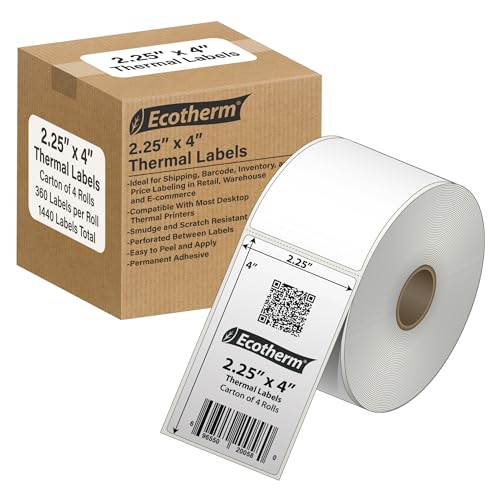 2.25" x 4" Thermal Labels | 4 Rolls | 1440 Labels | fits Zebra, Munbyn, Rollo, Godex, Arkscan, iDPRT, Offnova Thermal Label Printers and More | Blank White Adhesive Stickers by Ecotherm - size: 2.25 x 4 White - 1440 Labels