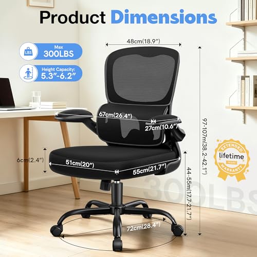 ALLGOD Ergonomic Office Chair, Breathable Mesh Ergonomic Desk Chair with Adjustable Lumbar Support, Flip-up Armrests, Computer Chairs Comfortable for Home, Office, Work, 300lbs, Black, Upgrade - color: Black, size: 1 Pack