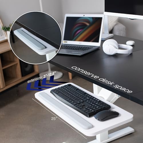 VIVO Adjustable 25 x 10 inch Computer Keyboard and Mouse Platform Tray Ergonomic Under Table Desk Mount Drawer Underdesk Shelf, White, MOUNT-KB03W | Adjustable Computer Keyboard and Mouse Platform, Ergonomic Under Table Desk Mount Drawer, Full Swivel - co