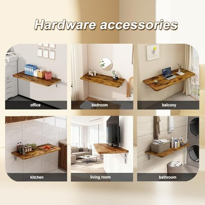 Rustic Wall Mounted Folding Table, Solid Wood Floating Shelf with Stainless Steel Brackets, Space Saving Desk for Home Office, Kitchen, Dining, Bar, Laundry Room(100X40cm/39.37"X15.75") - size: 100