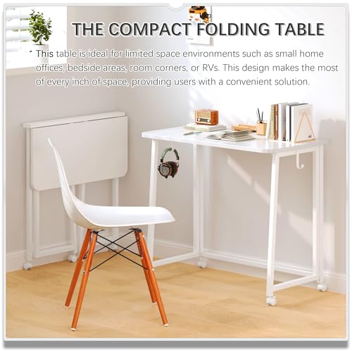 4NM 31.5" Mobile Small Folding Desk, Foldable Rolling Computer Home Office Desk, Study Writing Table for Small Space Saving Bedroom, with Wheels - All White - color: All White, size: 31.5"W x 15.7"D