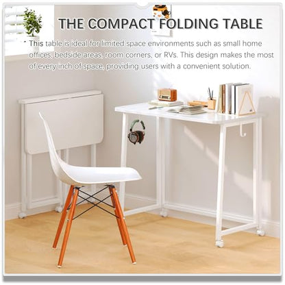 4NM 31.5" Mobile Small Folding Desk, Foldable Rolling Computer Home Office Desk, Study Writing Table for Small Space Saving Bedroom, with Wheels - All White - color: All White, size: 31.5"W x 15.7"D