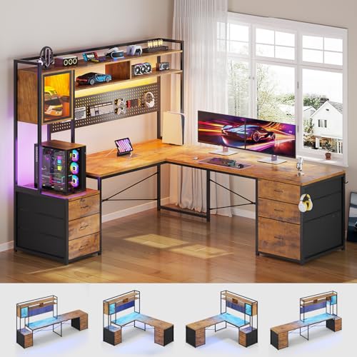 SEDETA Reversible L Shaped Gaming Desk with 6 Drawers, Hutch, Led Lights - color: Rustic Brown