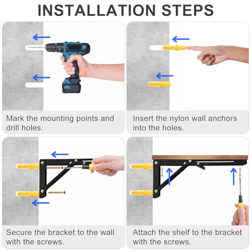 16 Inch Folding Shelf Brackets, Heavy Duty Metal Shelf Bracket Pair, Space Saving Fold Down Bracket for Wall Mounted Table, Garage, Kitchen, Laundry Room, Black, 2 Pack - size: 16 Inch