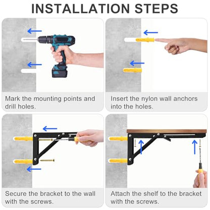 16 Inch Folding Shelf Brackets, Heavy Duty Metal Shelf Bracket Pair, Space Saving Fold Down Bracket for Wall Mounted Table, Garage, Kitchen, Laundry Room, Black, 2 Pack - size: 16 Inch