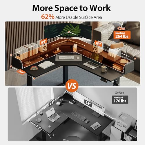 Agilestic 63 Inch L Shaped Electric Standing Desk with Shelf, Black - color: Black, size: 63x55 Inch Pro