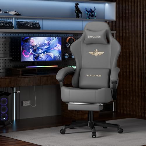 GTPLAYER Gaming Chair with Pocket Spring Cushion, Big and Tall Gamings Chairs 350LBS High Back Computer Chair with Footrest for Adults Lumbar Support Swivel Game Chair for Office, Leather Grey - color: Grey