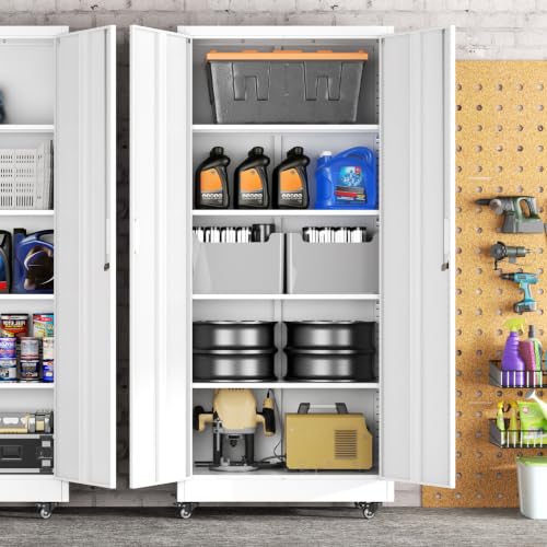 Greenvelly Metal Storage Cabinet with Wheels, 73" White Rolling Metal Cabinet with Locking Doors and Adjustable Shelves, Steel Tool Cabinet for Home Office, Garage and Warehouse (32" W x 16" D) - color: White, size: Rolling 73"