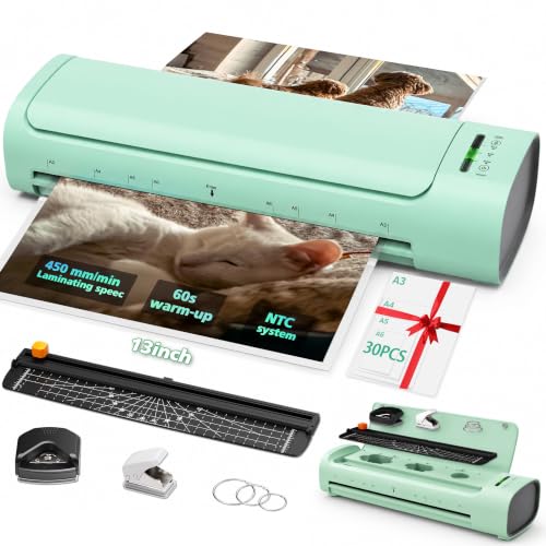 13 Inch Laminator Machine, 11x17 Hot & Cold Thermal Laminator, A3 11-in-1 Laminating Machine with 30 Sheets, 60s Warm-Up, Never-Jam Design Lamination for Teachers, Home, School & Office -Green - color: Green