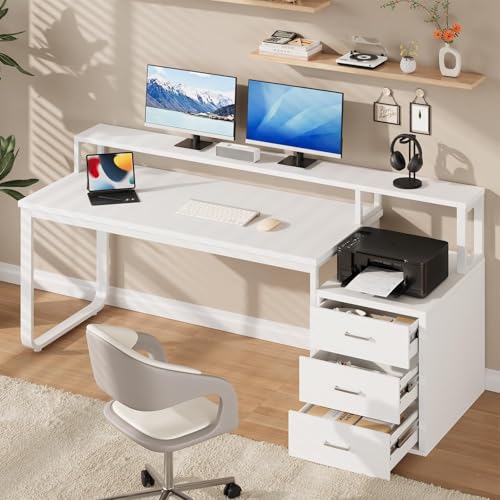 MaverickFurni 67" White Office Desk with 3 Drawers and LED Lights - color: White