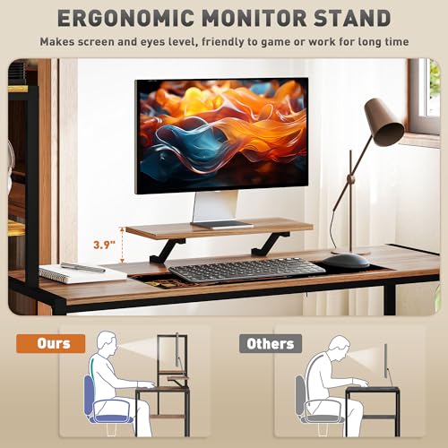 HOMCOM 67" Gaming Desk Reversible Computer Desk for Home Office Brown | Monitor Stand, 4-Tier Storage Shelves