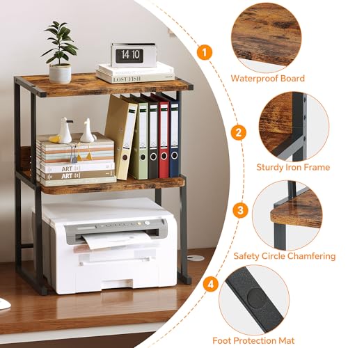 Homeiju 3-Tier Printer Stand for Desk, Desktop Printer Shelf, Heavy Duty Metal Frame Wood Shelf for Home Office Holds Up to 50lbs, Space-Saving Desk Organizer forfor Home Office, Rustic Brown
