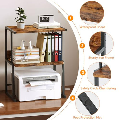 Homeiju 3-Tier Printer Stand for Desk, Desktop Printer Shelf, Heavy Duty Metal Frame Wood Shelf for Home Office Holds Up to 50lbs, Space-Saving Desk Organizer forfor Home Office, Rustic Brown
