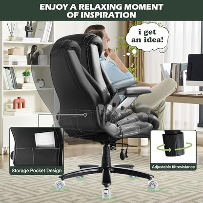 Large Big and Tall Office Chair 650lbs with Thick Spring Cushion, 5D Flip Arm Ergonomic Executive Office Chair Adjustable Lumbar Airbag&Extra Wide, Comfy Padded Heavy Duty Game Chair Dual Rubber Wheel - color: Black