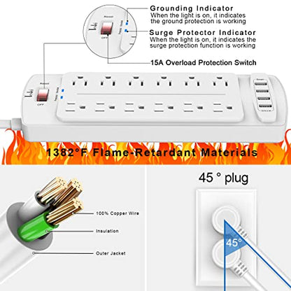 Power Strip, Tcstei Surge Protector with 12 Outlets and 4 USB Ports, 10 Feet Extension Cord for Home, Office, Dorm Essentials, 2700 Joules, White