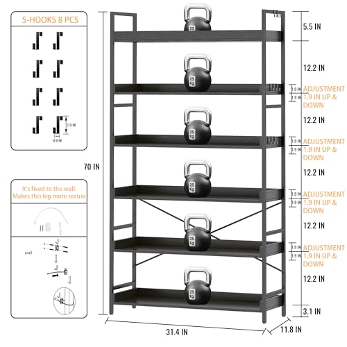 HCHQHS Bookshelf, Adjustable Industrial Bookcase, Vertical Tall Book Shelf, Wood and Black Metal Open Bookshelves for Home Office, Living Room, Bedroom (Black, 6-Tier (31" W x 70" H)) - color: Black, size: 6-Tier (31"W x 70"H)