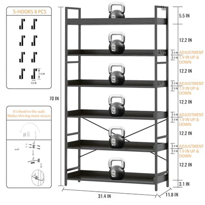 HCHQHS Bookshelf, Adjustable Industrial Bookcase, Vertical Tall Book Shelf, Wood and Black Metal Open Bookshelves for Home Office, Living Room, Bedroom (Black, 6-Tier (31" W x 70" H)) - color: Black, size: 6-Tier (31"W x 70"H)