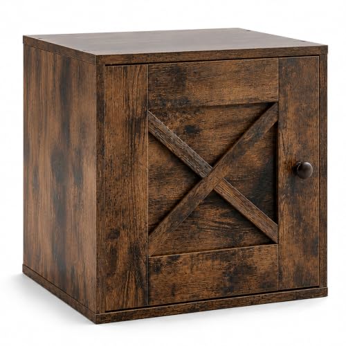 15" H x 15" W x 11.75" D Stackable Cube Storage Organizer with Door, Brown Modular Cubby Storage Bin with Non-Slip Pads, Wooden Cube Bookshelf Shelf for Bedroom, Living Room, Kitchen and Office