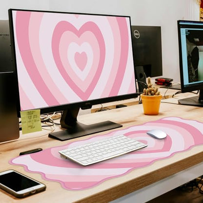 L-SPOUTTO Pink Mouse Pad,Cute Desk Mat XXL Large Scalloped Gaming Mousepad,35.4x15.7in Non-Slip Rubber Base Keyboard Pad Waterproof Desktop Mat for Laptop Computer Work Game Home Office-Pink Heart - color: Pink Heart