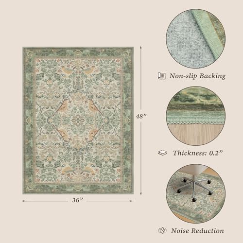 Sage Green Botanical Office Chair Mat for Hardwood Floors, 36" x 48" Decorative Desk Chair Rug, Vintage Low Pile Washable Carpet for Home Office, Non Slip Backing, Floor Protector for Rolling Chairs - color: Bird - Sage Green, size: 3' x 4'