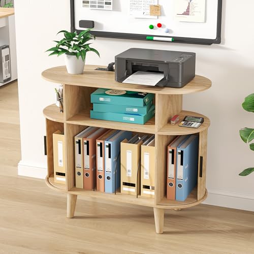 Fiogmub Round Printer Stand with Charging Station & USB Ports - color: Oak