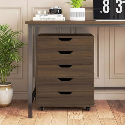 Giantex 5-Drawer Vertical File Cabinet, Mobile Office Storage Cabinet with Drawers, Large Capacity, 2 Lockable Casters and Universal Wheels, Under Desk Side Printer Stand Rolling File Cabinet (Walnut) - color: Walnut