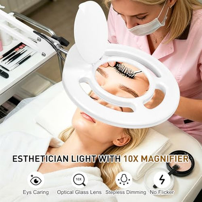 Facial 10X Magnifying Lamp for Esthetician, 2500 Lumens, Stepless Dimmable, Adjustable Swing Arm, LED Lighted Standing Mag Floor Lamp for Eyelash Extensions, Tattoo, Crafts, Nail Art, Pedicure - color: White