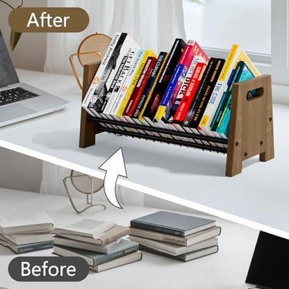 Desktop Bookshelf Organizer, Wood Rustic Slanted Desk Bookshelf, Small Tabletop Book Rack, Portable Save Space Bookcase for Book Display Home Office Organzier