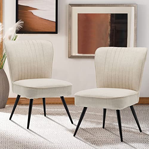 Alunaune Accent Chair Set of 2 Upholstered Living Room Chairs Modern Bedroom Furniture Sets Armless Slipper Club Chair Guest Reception Couch Comfy Wingback Single Sofa-Ivory - color: Ivory