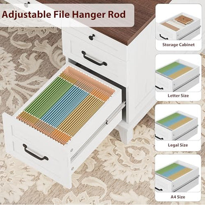 60" Executive Desk with Power Outlet, Home Office Desk with Drawers, Wooden Work Desk with File Cabinet, Computer Desk for Work, Study, Writing, White and Brown - color: White and Brown