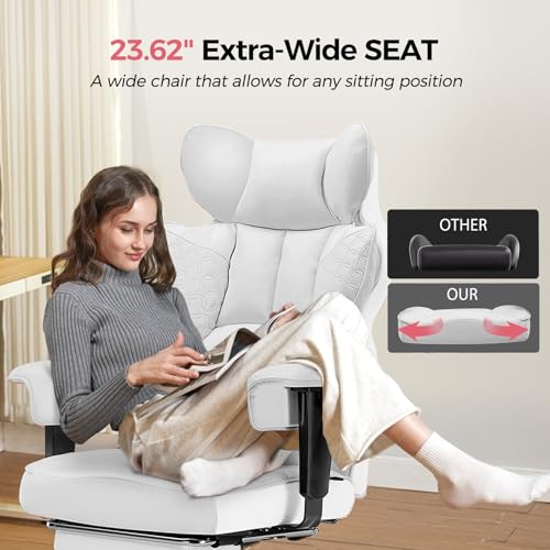 GTPLAYER Big and Tall Gaming Chair 400lbs Heavy Duty Office Chair with Foot Rest & Ergonomic Pocket Spring Lumbar Support, High Back 3D Saddle Shaped Cushion for Back Pain Relief, White - color: White