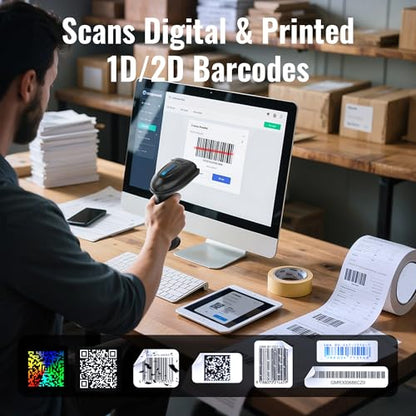 Tera Barcode Scanner with Battery Indicator: 2D Wireless, D5100, Black | USB Wired, 2.4G Wireless, 2200mAh Battery, 1D 2D QR Scanning, IP54 Protection, Retail Checkout Warehouse School PC Phone - color: 2D Black
