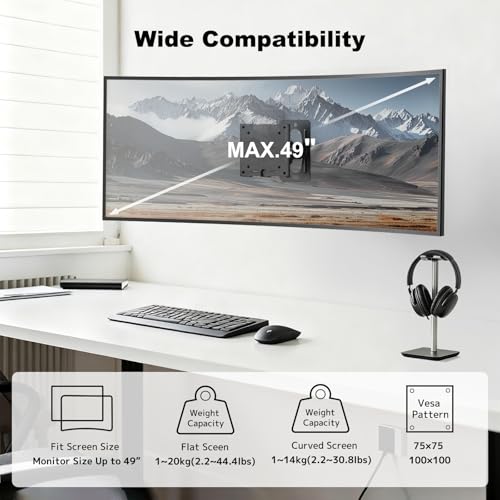Monitor Wall Mount for 17–49 Inch inch Flat/Curved Ultrawide Screens | Heavy Duty Up to 44 lbs,Full Motion,Quick-Release VESA Plate,VESA 75/100 mm,Black