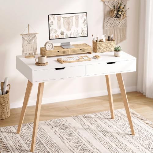 FOTOSOK White Writing Desk with 2 Drawers, Small Desk Makeup Vanity Table | Wood Computer Desk with 4 Solid Oak Legs, Home Office Desk & Study Table, Mid Century Desk for Bedroom Small Spaces, White - color: White and Oak