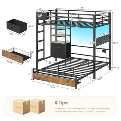 DICTAC Twin Over Full Bunk Bed with 4 Storage Drawers and 3-Tier Open Bookshelf Metal Bunk Bed with LED Lights,Charging Station and Pegboard,L-Shaped bunk Beds with Safety Guardrail and Ladder,Black - color: Black, size: Twin Over Full