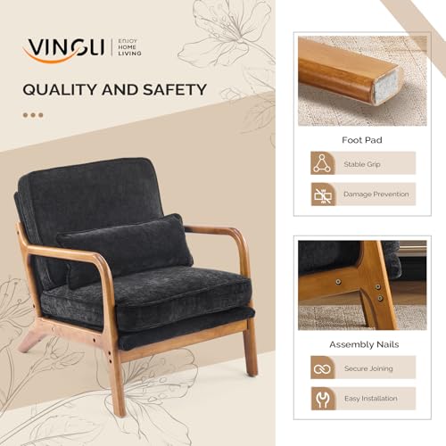 VINGLI Chenille Mid-Century Modern Accent Chair Set of 2, Cute Reading Arm Chair with Cushion & Lumbar Pillow & Solid Wood Frame for Lounge, Living Room, Reading Room, Bedroom, Black - color: Black