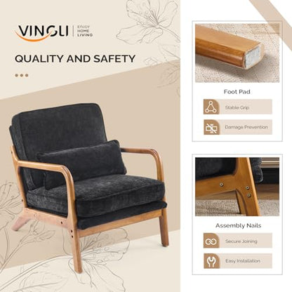 VINGLI Chenille Mid-Century Modern Accent Chair Set of 2, Cute Reading Arm Chair with Cushion & Lumbar Pillow & Solid Wood Frame for Lounge, Living Room, Reading Room, Bedroom, Black - color: Black