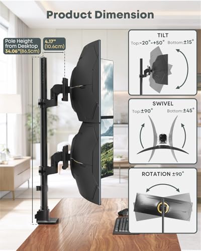 Dual Ultrawide Monitor Mount for 24-57'' Screens, Max Load 59.4 lbs per Arm | Vertically Stacked, Heavy Duty, Aluminum, Fully Adjustable, Topside Clamp/Grommet Mounting, VESA 75/100 mm, Black - color: Black