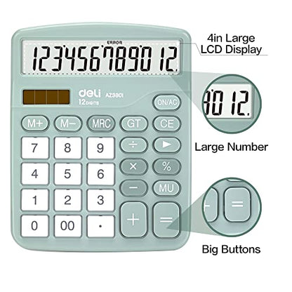 Calculator, Deli Standard Function Desktop Calculators with 12 Digit Large LCD Display and Sensitive Button, Solar Battery Dual Power Office Calculator, Green - color: Green