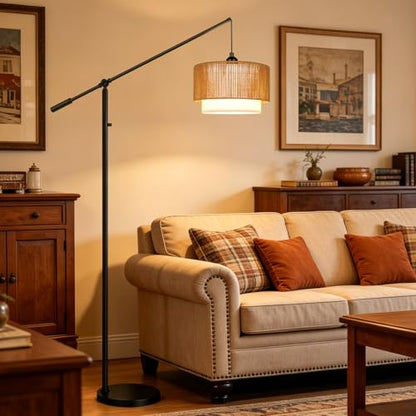 【Upgraded】Boho Dimmable Floor Lamps with Adjustable Swing Arm, 1100 Lumens Bulb Included, Modern Standing Lamp with Rattan & Fabric Shades, Farmhouse Tall Arc Floor Lamp for Living Room Bedroom, Black - color: Bohemian-Matte Black