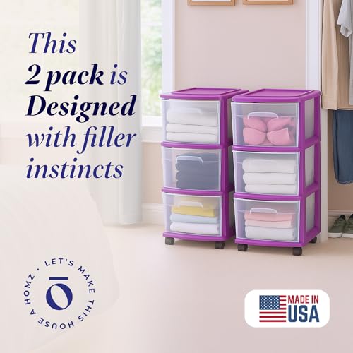 HOMZ Drawer Tower, 3-Tier Storage Cart w/Removable Wheels, Purple, 2 Pack - color: Purple, size: 2 Pack