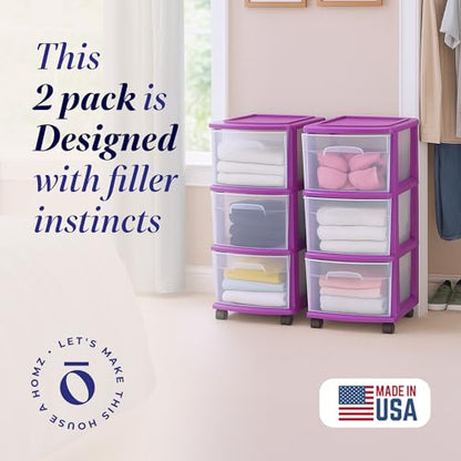 HOMZ Drawer Tower, 3-Tier Storage Cart w/Removable Wheels, Purple, 2 Pack - color: Purple, size: 2 Pack