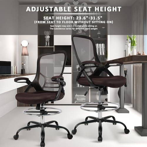 HYLONE Drafting Chair, Tall Office Chair Standing Desk Chair Brown Mesh High-Back Drafting Stool with Flip-Up Arms, Adjustable Foot Ring, Brown - color: Brown