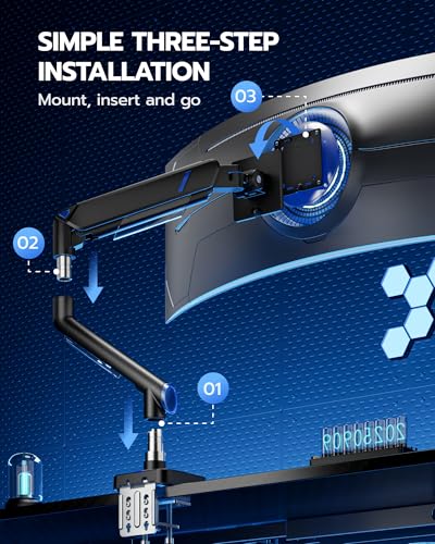 ARES WING 17-49 Inch Monitor Arm Ultrawide Monitor Mount with USB, Black | Heavy Duty Mechanical Spring Monitor Stand Adjustable Arms Holds up to 44lbs, 75/100 VESA Mount with Clamp/Grommet Base