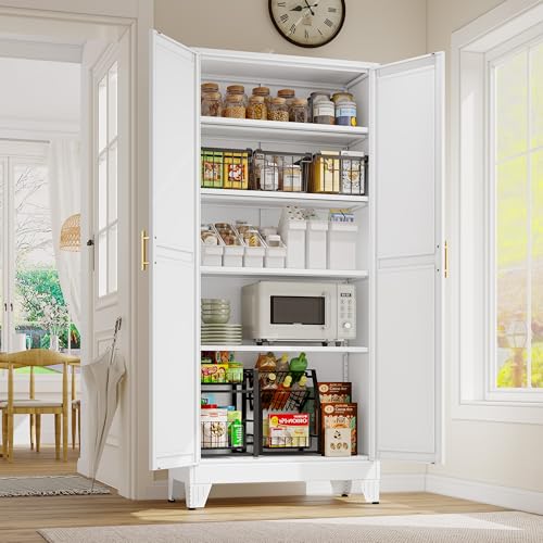 GAIOUS 71" Tall Metal Storage Cabinet with 2 Doors and 4 Adjustable Shelves, Kitchen Pantry Cabinet White Freestanding Cupboard, 5 Tier Multifunctional Steel Storage for Office, Kitchen, Dining Room - color: White, size: 13.77"D x 28.75"W x 70.87"H