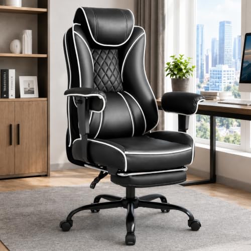 DJ·Wang Big and Tall Office Chair,Adjustable Headrest and Foot Rest | Adjustable headrest and Lumbar Support with 5-6.FT；PU Leather Ergonomic Chair 135 Reclining with Thickened Spring Cushion - color: Light Black