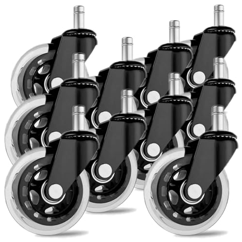 Office Chair Wheels - Replacement Rubber Wheels - Universal Fit 3 Inch Casters, Heavy-Duty Computer Gaming Chair Casters, Smooth & Safe Rolling Noise (Not for 1KEA) (10 Pack Black & Clear) - style: 10 Pack Black & Clear